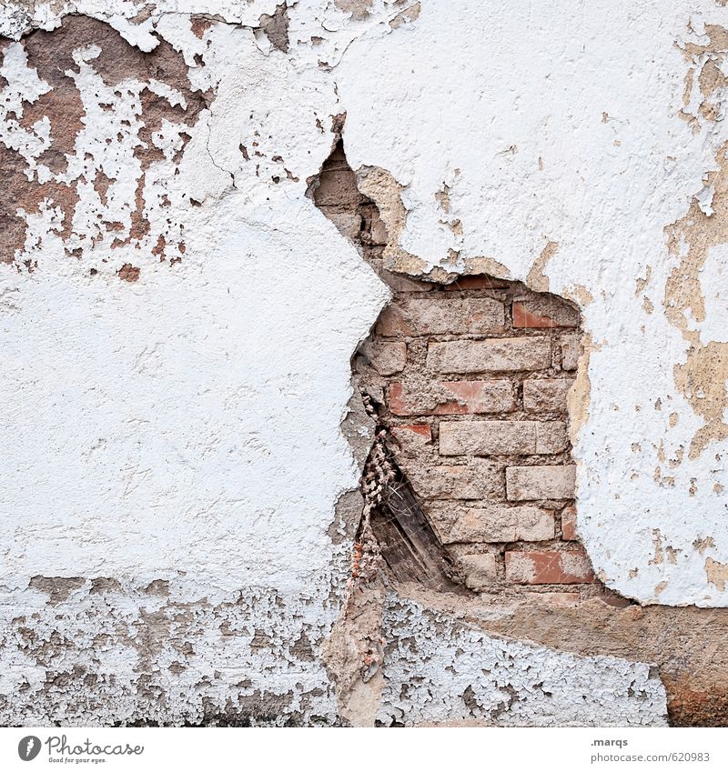 Crafty Wall (barrier) Wall (building) Brick Brick wall Old Simple Bright Broken Decline Transience Background picture Crack & Rip & Tear Colour photo