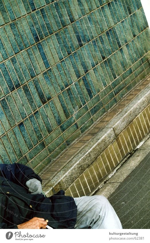 Smoking homeless person in Tokyo, Japan Grief Railroad tracks Cold Loneliness Cigarette Man Empty Jacket Tramp Wait Sadness Tile Street Male senior Bench