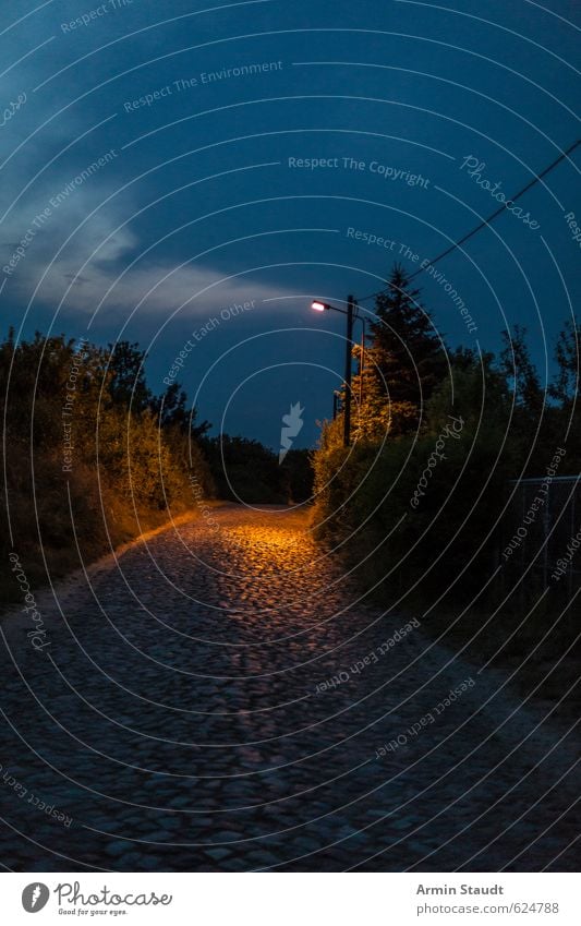 At night in Brandenburg Vacation & Travel Nature Sky Clouds Night sky Summer Beautiful weather Village Street Cobblestones Old Dark Blue Orange Moody Calm