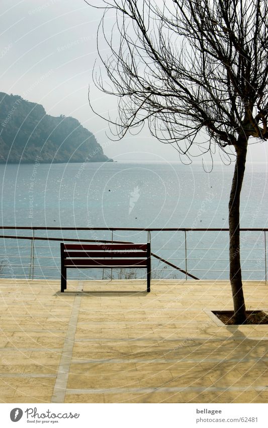 lonely look Ocean Vantage point Yellow Exterior shot Majorca Balearic Islands Loneliness Far-off places Bench Baun promeande Blue Stone Handrail Shadow