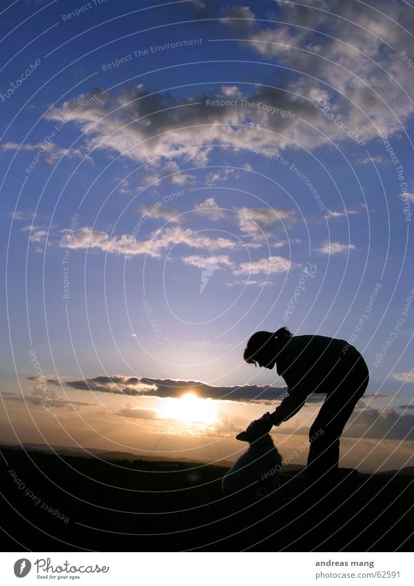 Friends forever Sunset Clouds Sky Horizon Dog Woman Caress Stoop Friendship Dusk Twilight Together cloud Mountain mountains silhoutte Sit sitting Seating pat