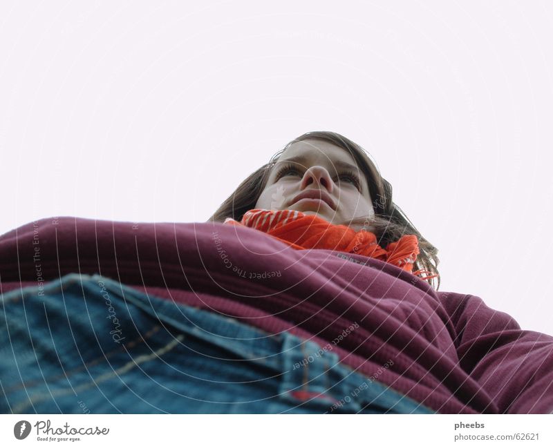 worm's-eye view Girl Woman Portrait photograph Worm's-eye view Sweater Violet Pants White Small Large Rag Face Burgundy Jeans Nose Sky Orange Perspective