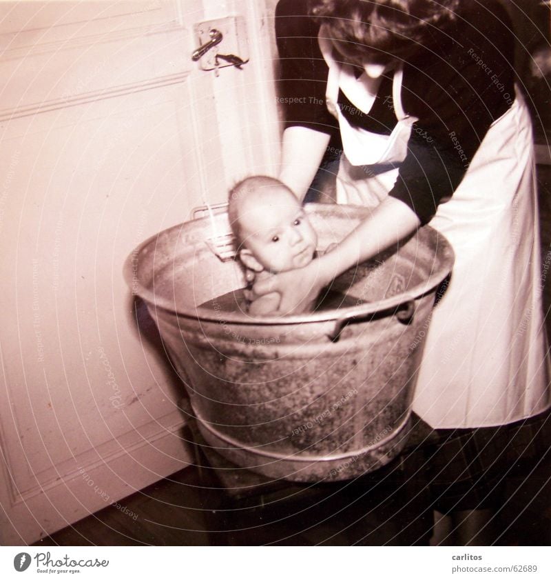 Saturday is bath day The fifties Safety (feeling of) Mother Son Swimming & Bathing Wash tub Medium format postwar generation postwar Germany Child Happy me