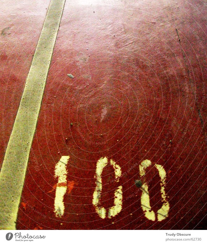 postcard no. 100 Surface Concrete Dust Footprint Parking lot Garage Underground garage Parking garage Parking space number Digits and numbers Red White