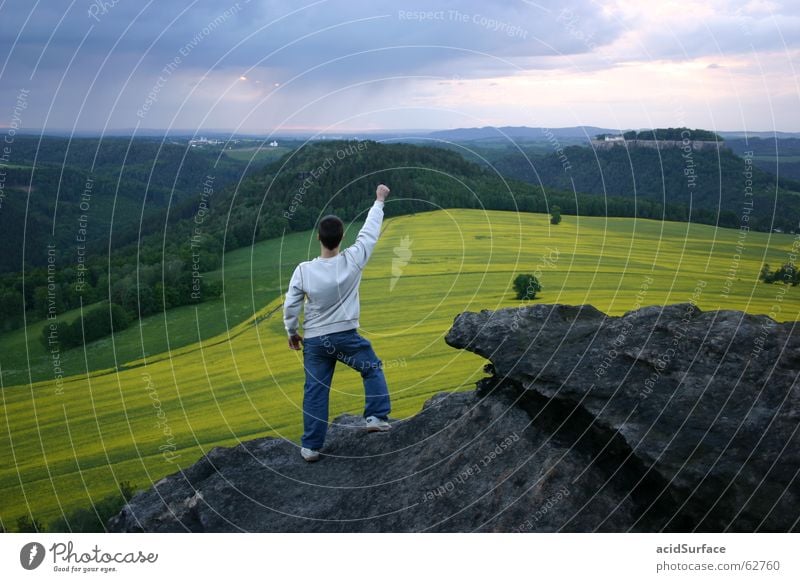 King of the rape field Saxon Switzerland Field Man Clouds Border Vantage point Canola Sandstone royal stone pfaffenstein Thunder and lightning Freedom Evening