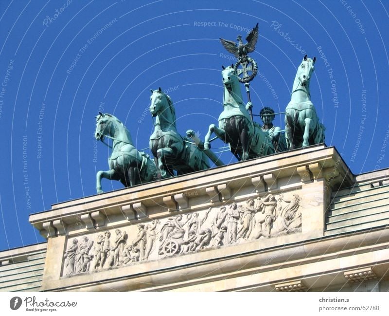 Four of them. Horse Relief Unter den Linden Pariser Platz Europe Horse-drawn carriage Eagle Bronze Green Landmark Art Sky Brandenburg Gate Germany Berlin Town