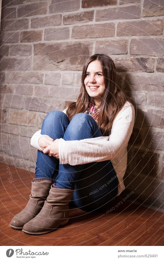 contentment Happy Hope Contentment Girl Brunette Studio lighting Crouching Sit Happiness