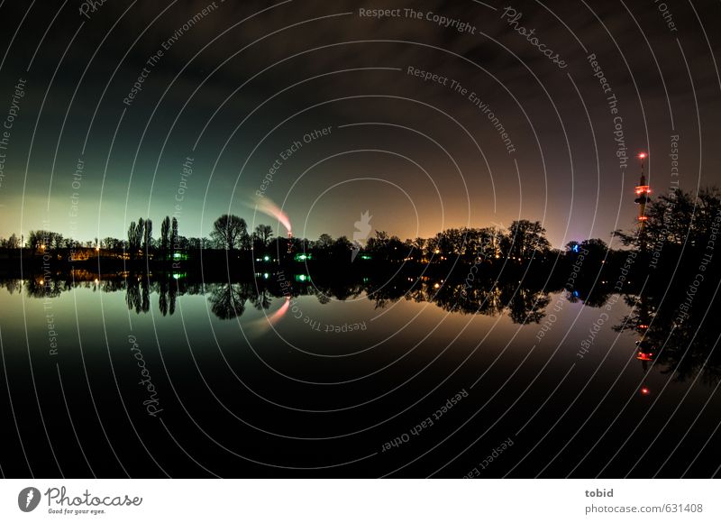 At night in Ludwigshafen Industry Landscape Water Sky Clouds Stars Winter Tree Lakeside Industrial plant Park Broadcasting tower Dark Town Modern Nature