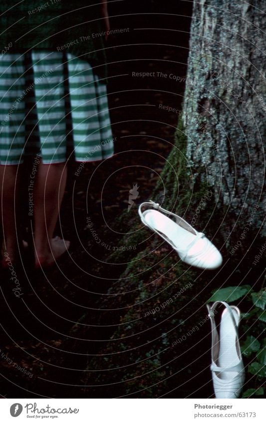 barefoot Dress Striped Tree Green Tree bark Barefoot white shoes Root Lady Moss