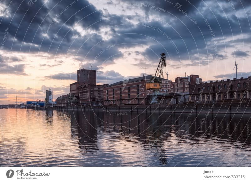 city harbour Water Sky Clouds Horizon Beautiful weather Industrial plant Harbour Building Architecture Facade Old Brown Orange Black White wharf rhine harbour