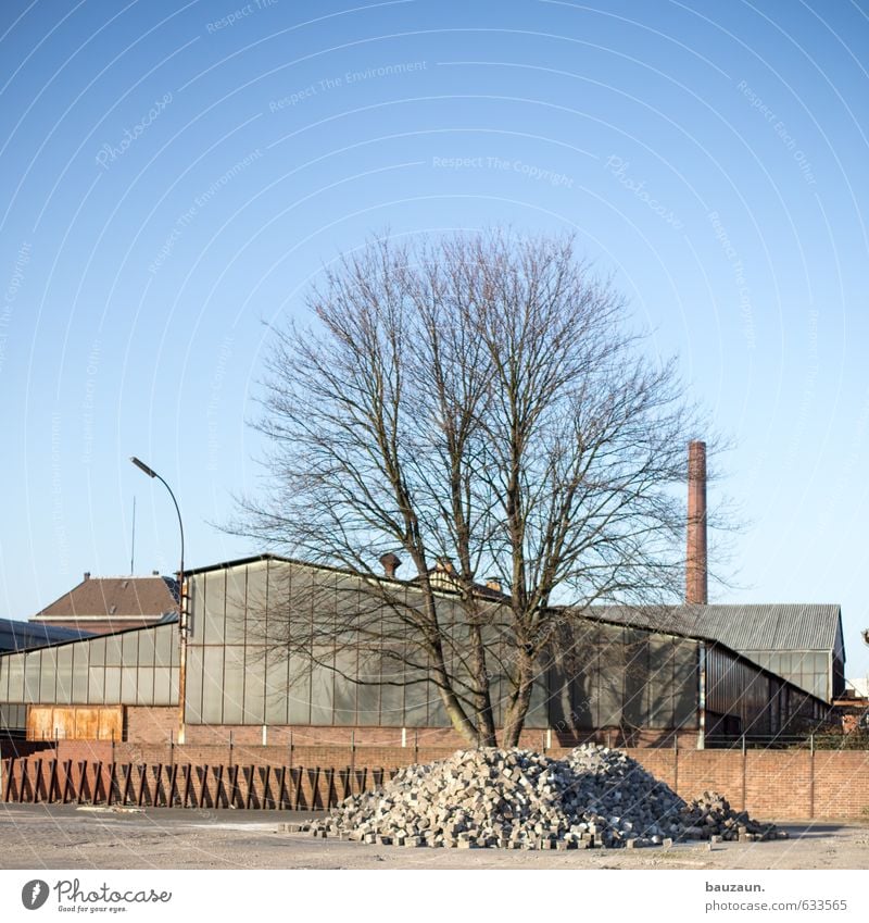 in heaps. Workplace Factory Industry Craft (trade) Construction site Sky Cloudless sky Sun Spring Autumn Beautiful weather Tree Town Deserted Industrial plant