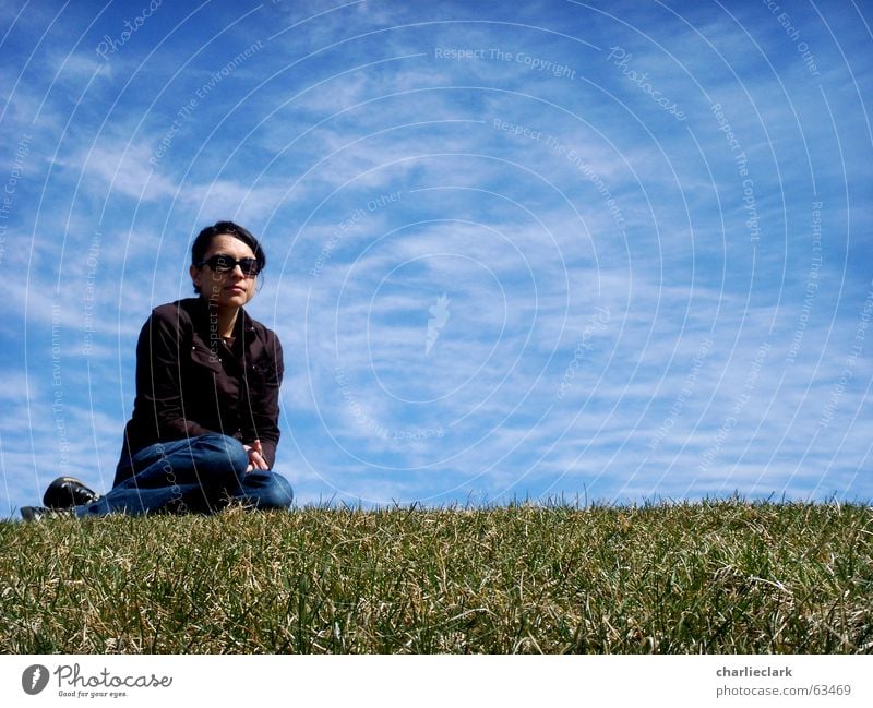 girl on lawn Sky woman grass glasses sunglasses clouds