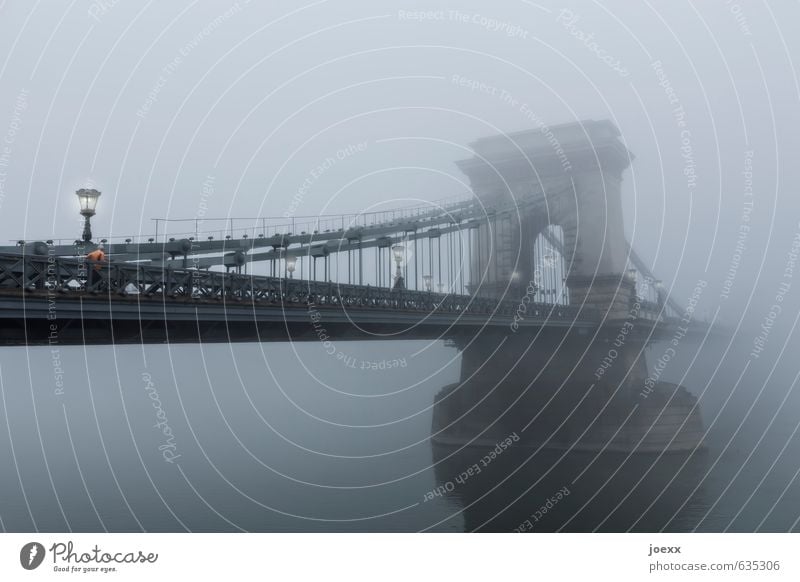 Jogger in fog on chain bridge in Hungary Water Landmark Fog Bridge Jogging Early morning sport Suspension bridge Old Historic Tourist Attraction Budapest Gray