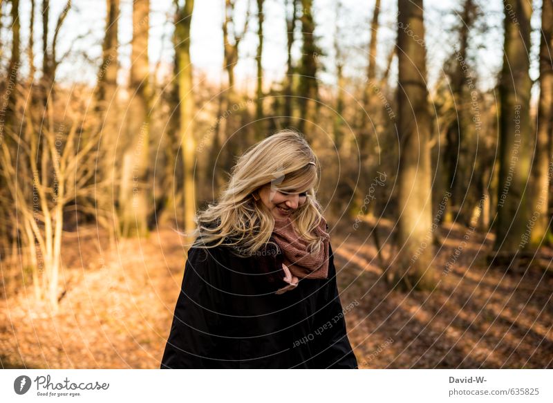 smiley-faced happy young woman fortunate Autumnal In love Blonde pretty Young woman Forest