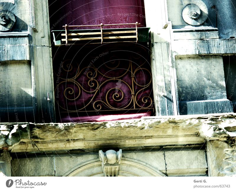 oblique part Style Multicoloured Derelict Clean Window box Balcony plant Empty Spiral Masonry Ancient Curlicue Stucco Violet Frontal Facade Plaster