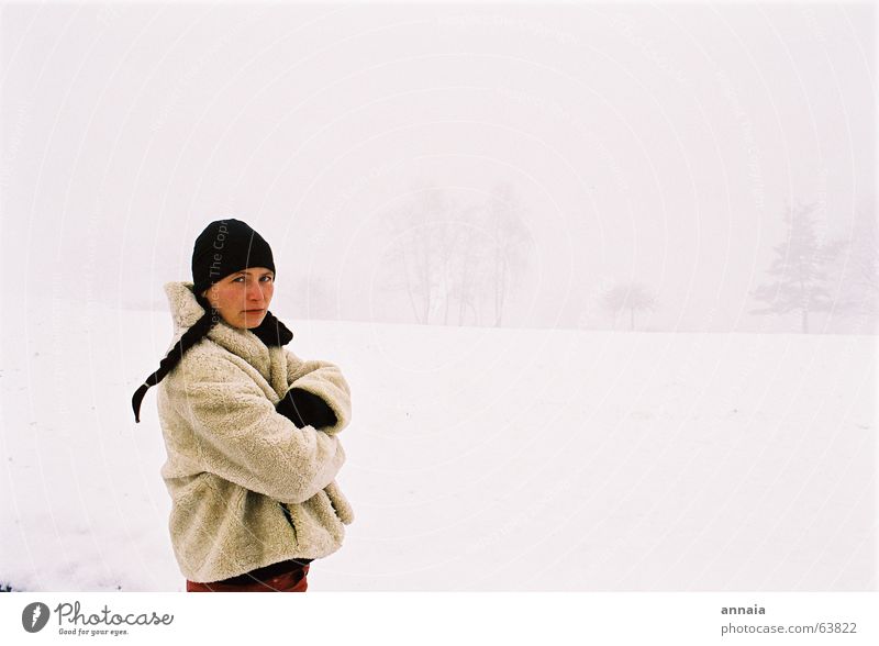 the white day Woman Cap Braids Cold Winter Earnest France Human being Portrait photograph White snow not ok it's not ok but i don't mind arms crossed