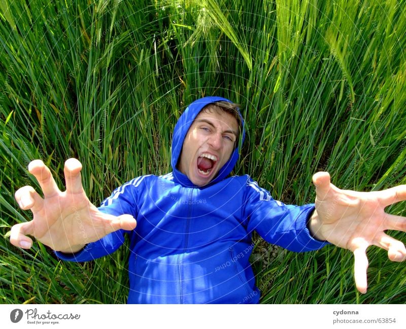 The Giant Baby Man Jacket Hooded jacket Portrait photograph Grass Field Summer Emotions Green Claw Destroyer Funny Crazy Giant baby Hand Human being Face