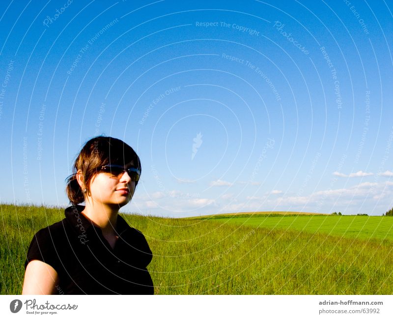 Meadow Girl Woman Beautiful Summer Spring Field Green Grass Horizon Clouds T-shirt Black Sunglasses Leisure and hobbies Relaxation To go for a walk Hiking