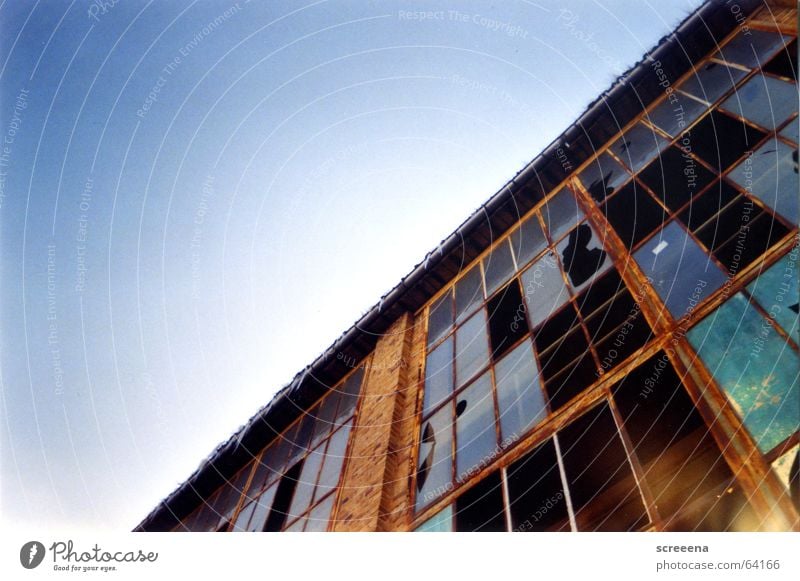 invincible House (Residential Structure) Brick Window Broken Reflection Red Clouds Industrial Photography Glass Window pane Destruction Blue Orange Sky