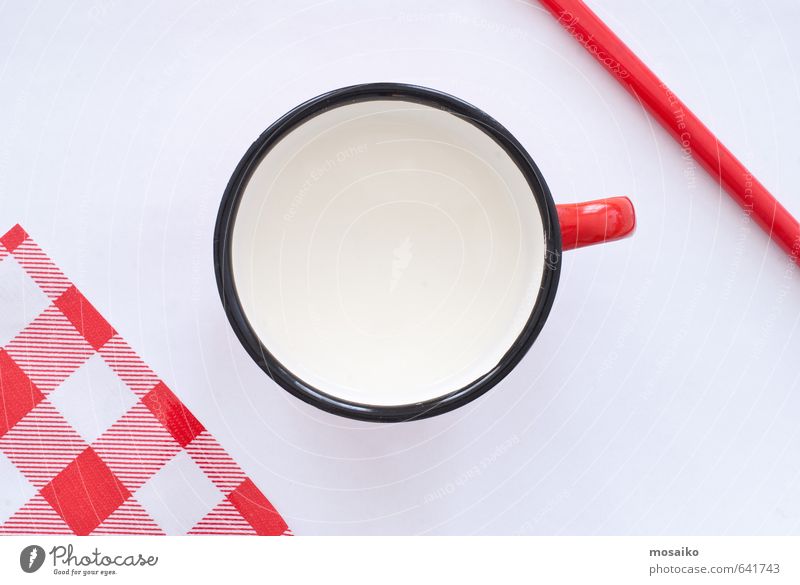 cup of milk Nutrition Breakfast Pot Mug Design Table Kitchen Child Infancy Simple Clean Red Black White Serene Tradition background Checkered circle clear