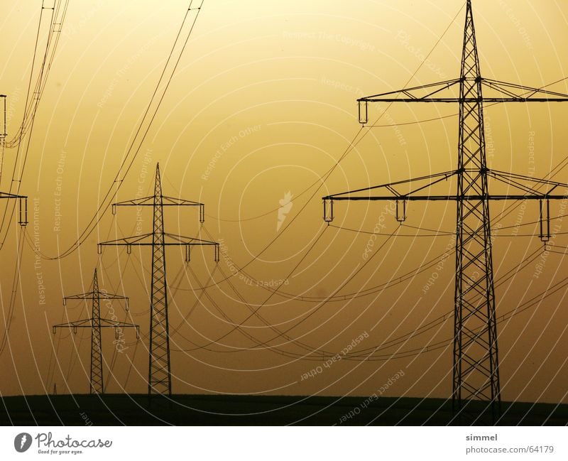 Long (power) line? Electricity pylon Yellow Twilight Energy industry Transmission lines Cable sunset Industrial Photography