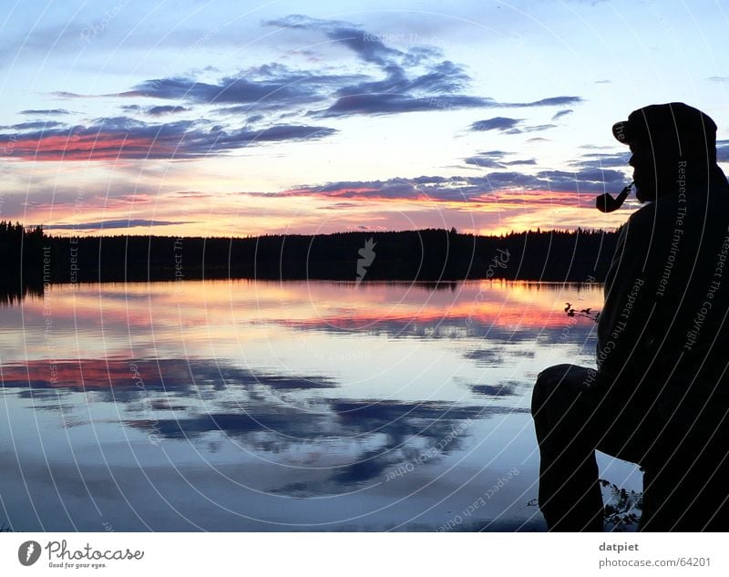 Swedish palette Lake Clouds Sunset Night Calm Horizon Loneliness Reflection Think Man Summer solstice Human being ramsebo Sky Evening Water Sweden Weather