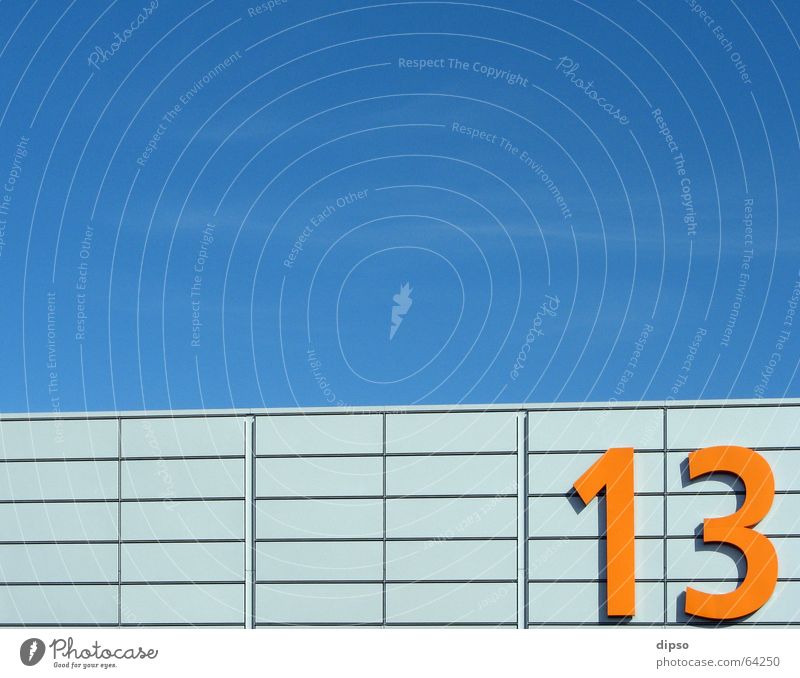 Thirteen 1. 13 Digits and numbers Friday 13 Aluminium Light Warehouse Sky Blue Orange Silver Bright Trade fair Exhibition hall