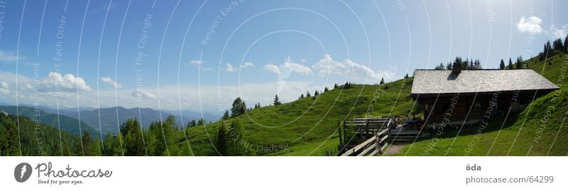 cabin panorama Panorama (View) Tree Forest Alpine pasture Peak cross Green Meadow Mountain Hut Vantage point Elmau Freedom Large Panorama (Format)