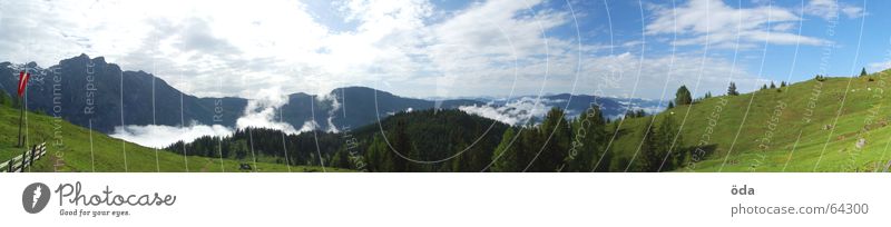 television Panorama (View) Tree Forest Alpine pasture Peak cross Green Meadow Clouds Mountain Hut Vantage point Elmau Freedom Sky Far-off places Large