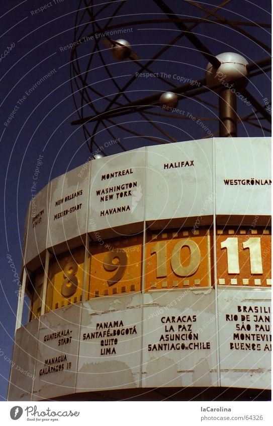 the clock is ticking... World time clock Art Clock Digits and numbers Round Alexanderplatz Exterior shot Berlin Blue Sky GDR