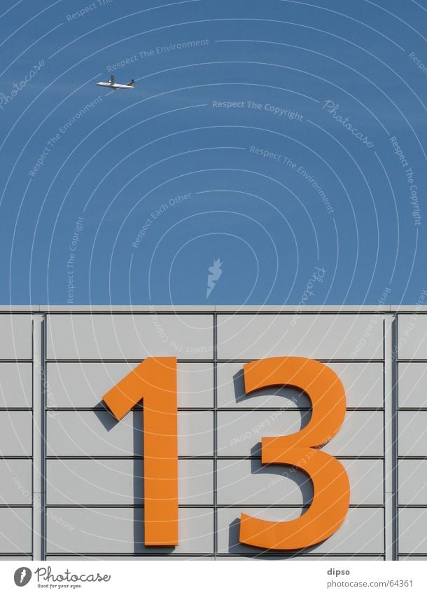 Thirteen the three. 13 Digits and numbers Friday 13 Aluminium Light Work and employment Airplane Warehouse Sky Blue Orange Silver Bright Trade fair