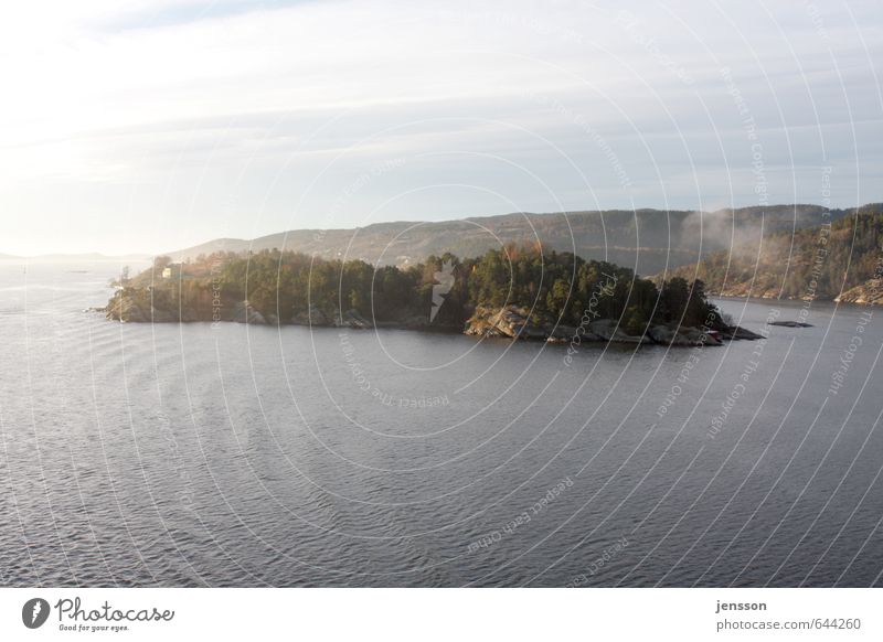 country in view Tourism Cruise Environment Nature Landscape Water Sky Beautiful weather Fog Forest Hill Rock Coast Fjord Baltic Sea Relaxation Bright Green