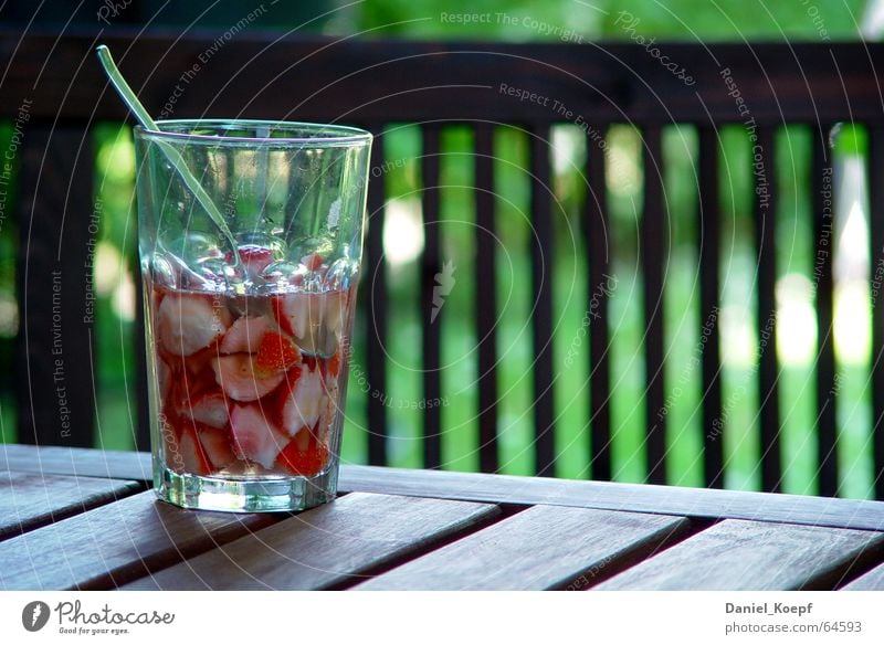 Strawberry punch Beverage Punch Break Refreshment Spoon Summer Fresh Red Wood Garden chair Table Garden table Glass Relaxation Alcoholic drinks ikea