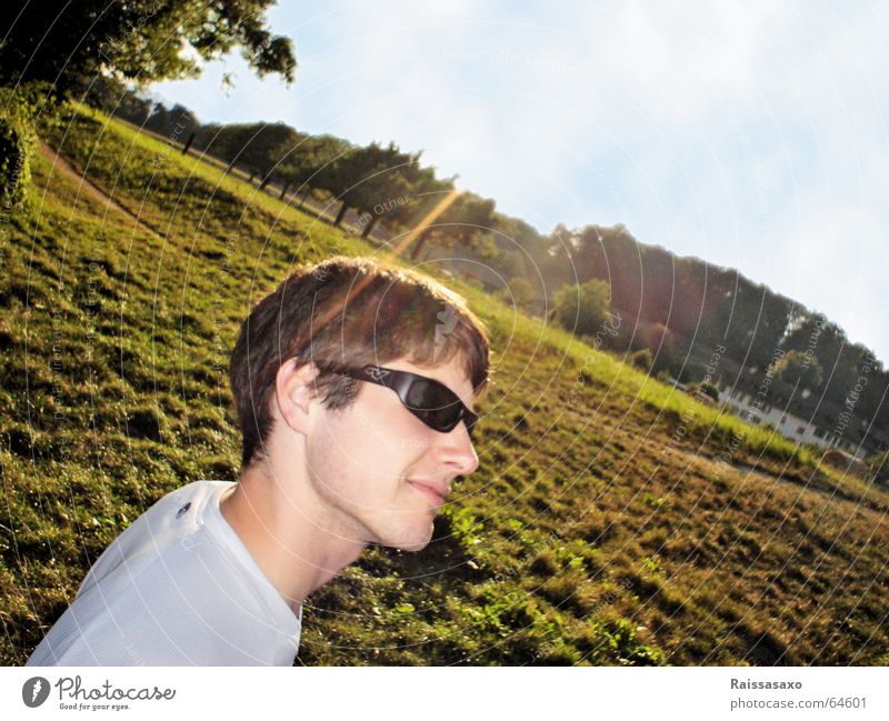 the view of a long time ago Man Sunglasses Eyeglasses Tree Clouds House (Residential Structure) Summer Americas Sky late afternoon Straheln sunlit