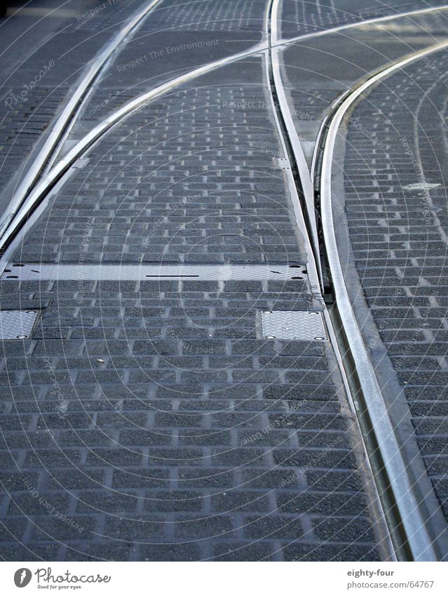 track_study_06 Asphalt Concrete Tram Driving Transport Gray Cobblestones Street Railroad tracks Switch eighty-four Lane markings