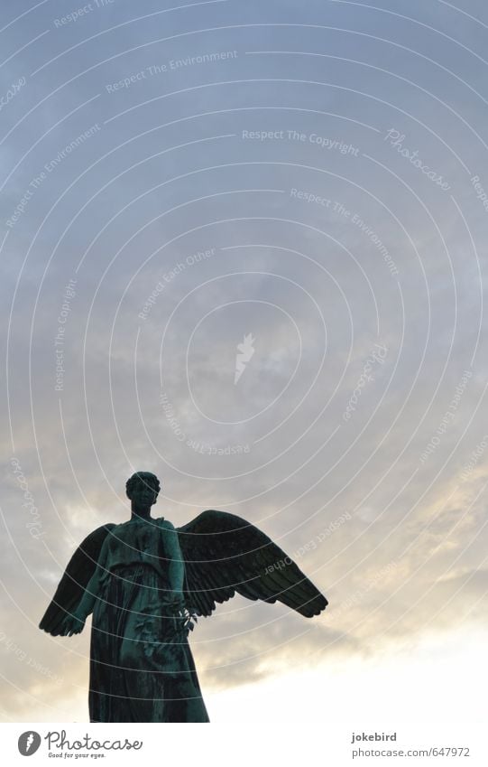 Sun under the wing Sculpture Clouds Sunlight Dress Wreath Angel Peace Feminine Wing Colour photo Subdued colour Exterior shot Deserted Copy Space top