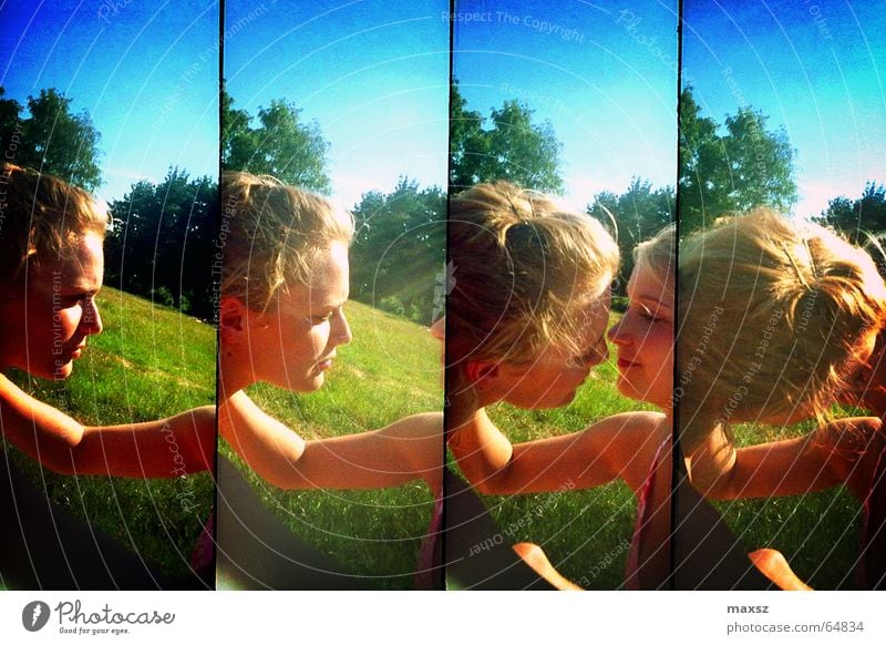 naughty Woman Kissing Love Summer Blonde Row Green Tree Lake Meadow Tankumsee Lake Lower Saxony Germany Lomography Sun sunshine supersampler grass Lawn