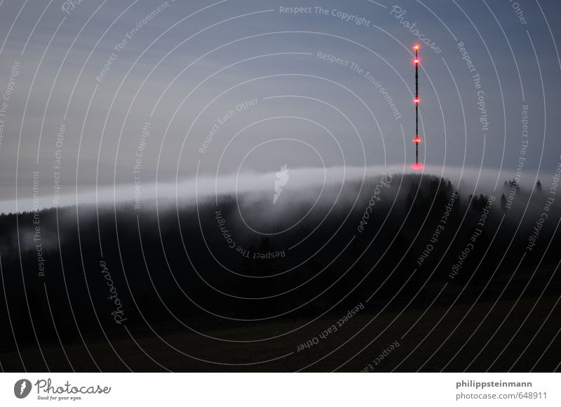 NightAndFog Telecommunications Broadcasting tower Landscape Clouds Night sky Tree Forest Mountain Highlands Rhön Dark Blue Red Black Loneliness Nature