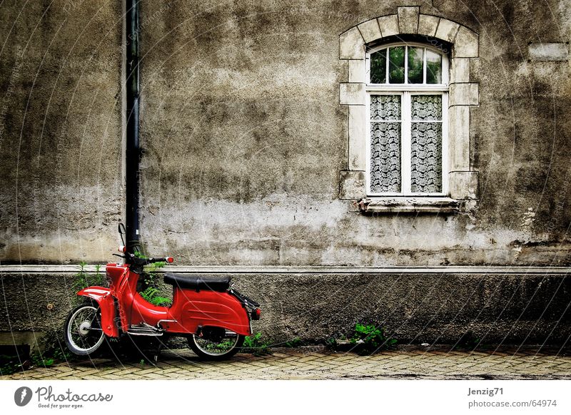 Standing still. Scooter Swallow House (Residential Structure) Wall (building) Driving Red Window Retro Nostalgia East Old