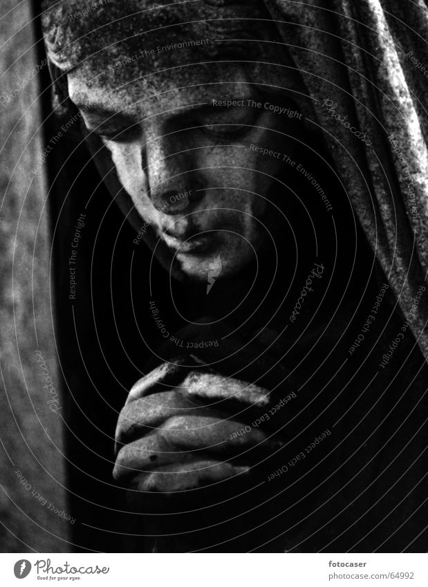 tomb guards Statue Prayer Grave Holy Grief Cemetery Stone Black & white photo praying hands Derelict