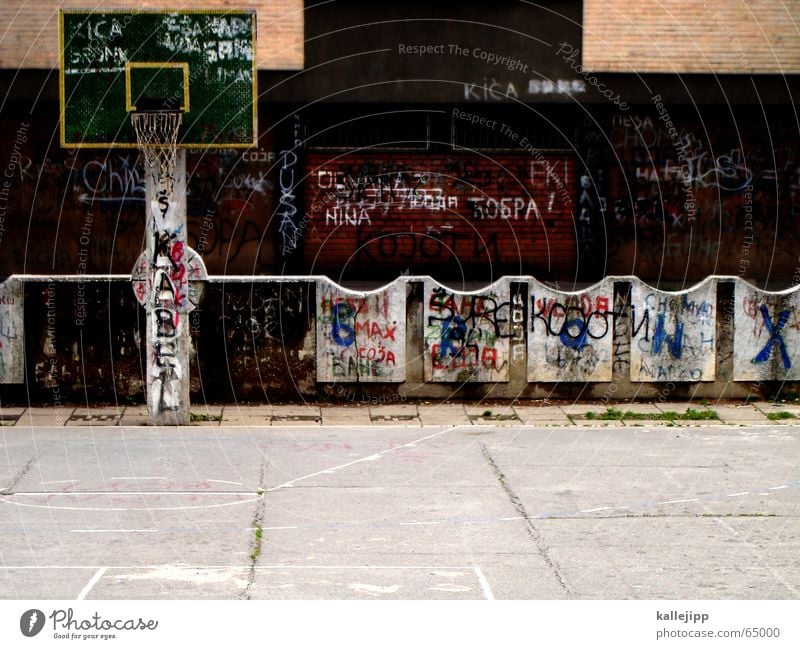 the round must be inserted into the round Basket Playing field Gloomy Grief Ghetto Town Empty Dark Sports Sadness Basketball Ball graffiti Room kallejipp