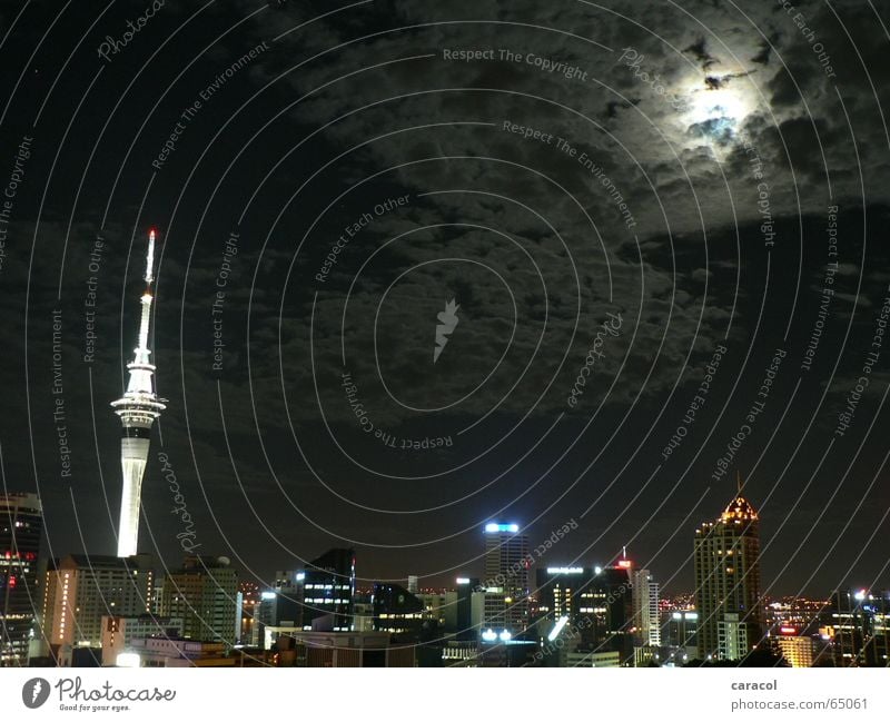 Aotearoa Auckland Town Night Light Clouds Sky Tower New Zealand Skyline moon cloud Television tower