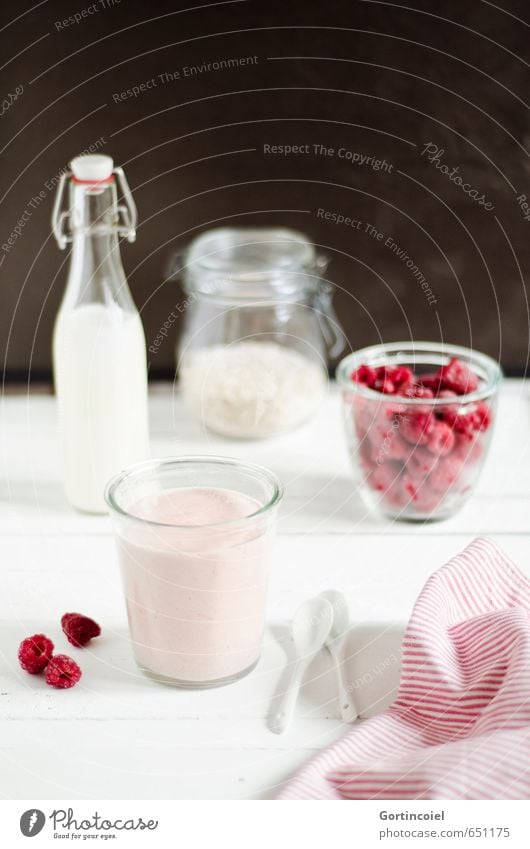 breakfast drink Food Dairy Products Fruit Nutrition Breakfast Vegetarian diet Slow food Beverage Milk Bowl Bottle Glass Spoon Fresh Healthy Delicious Sweet Pink