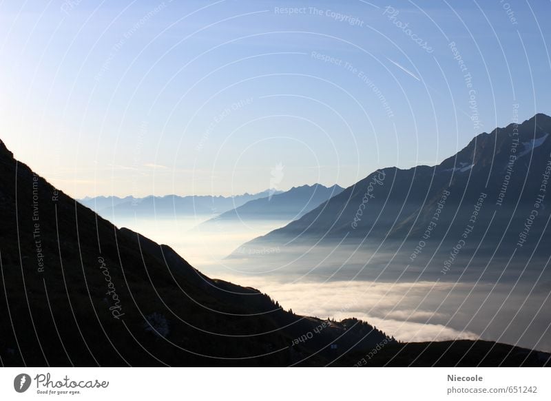 Alpine morning in the fog Landscape Earth Air Sky Horizon Sun Summer Beautiful weather Fog Alps Mountain Moody Happiness Contentment Joie de vivre (Vitality)