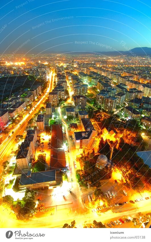 Konya City Town Yellow Park Light Summer Turkey Mosque Street lighting Road traffic Horizon Large City of millions Bird's-eye view Aerial photograph Twilight