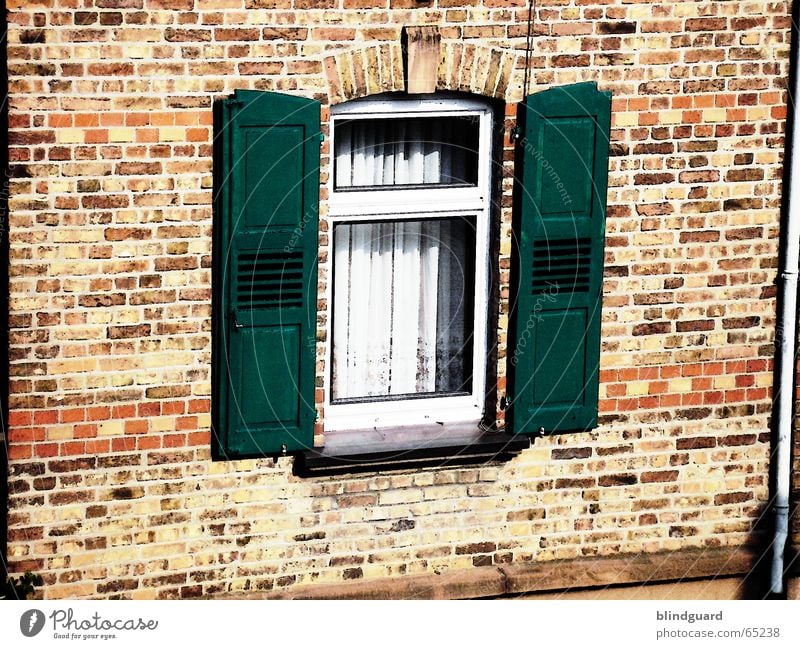 Wide open Window Shutter Brick Wall (barrier) Drape House (Residential Structure) Canceled Processed Roller shutter Old building Wall (building) Pane