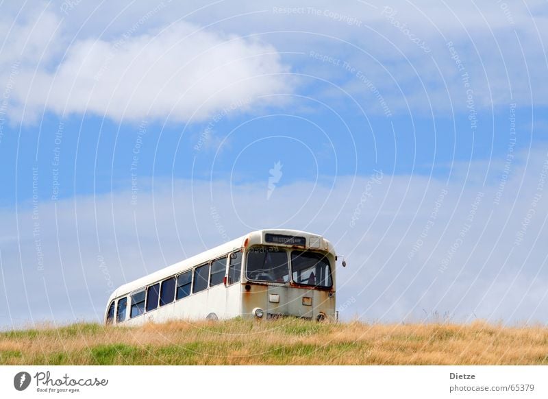 Midtown - Ride to nowhere Bus Vintage car New Zealand Wrecked car Grass Summer Road movie Transience Green Yellow Sky Blue Empty Bright background