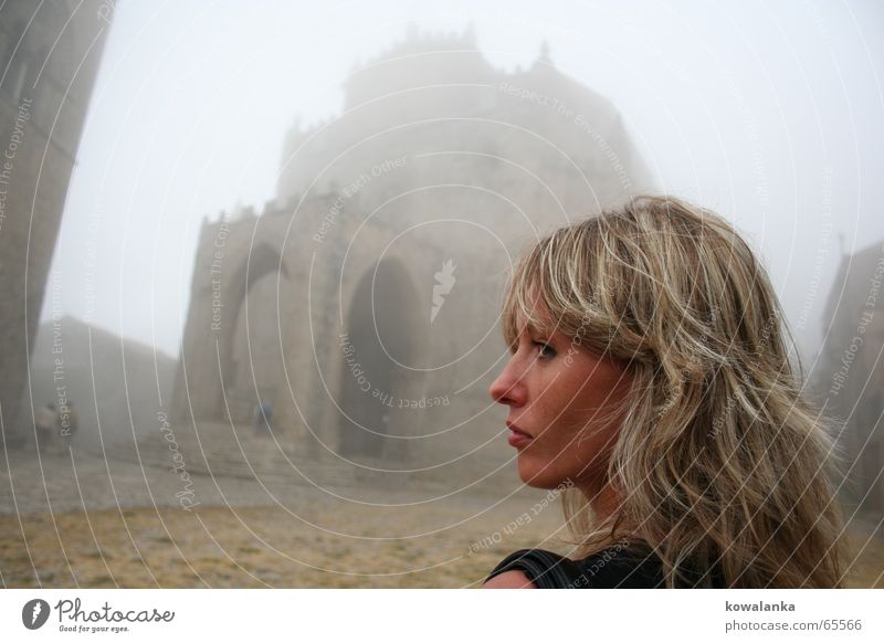 Any ghosts? Fog Mysterious Silhouette Woman Feminine Castle Religion and faith Past Loneliness Profile Old Arch Ghosts & Spectres  church cryptic history