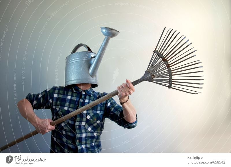 garden pioneer Human being Masculine Man Adults 1 Helmet Fight Weed control Horticulture Gardening Gardener Market garden Rake Watering can War Knight Fighter