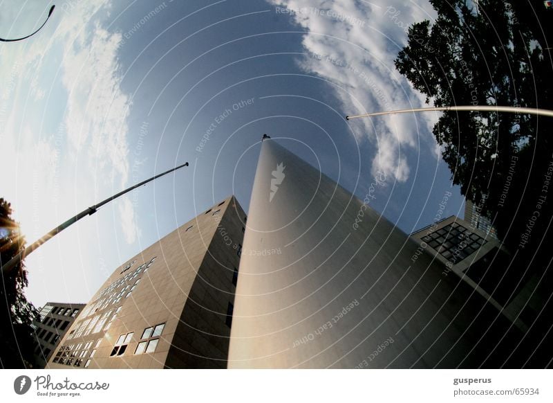 { masticentric world system } Clouds On the head Building House (Residential Structure) Tree Fisheye Lantern Sky Electricity pylon without flag Blue